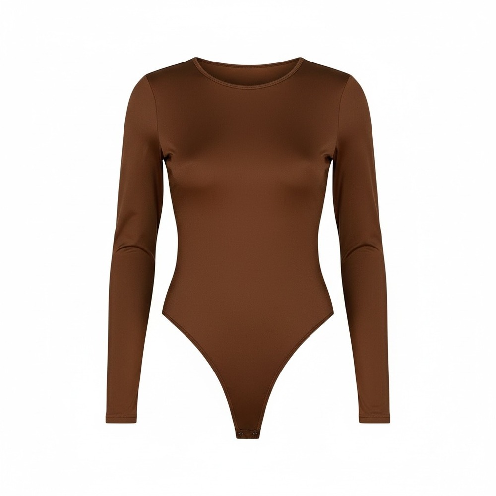 Gianni Bini Copper Satin Long Sleeve Scoop‎ Neck Bodysuit Stretch Size Small NWT